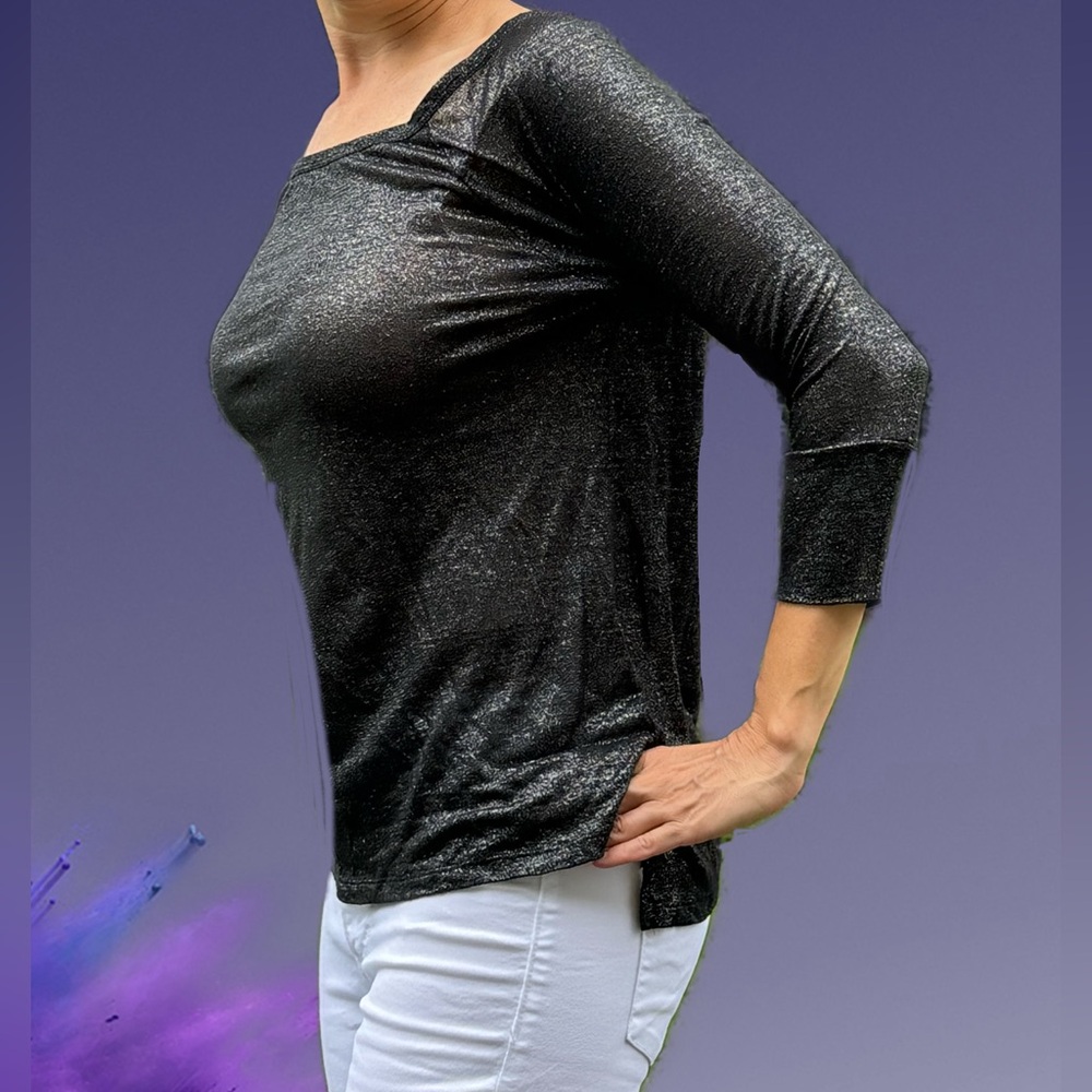 Joie Cyndi Top Blouse Shirt Metallic in 100% Linen Black Silver Sz.XS - Picture 6 of 8